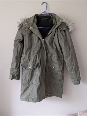 Zara Olive Green Women's Parka Coat with Faux Fur Hood